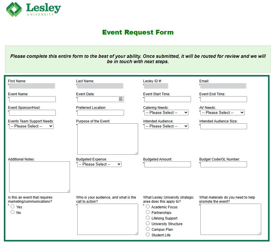 Lesley University Event Request Form with fields for submitter information (first name, last name, Lesley ID, email), event details (name, date, start and end times, sponsor/host, preferred location), catering and AV needs, events team support needs, purpose, intended audience and size, additional notes, budget information, and marketing questions including audience, strategic area alignment, and promotional materials needed.