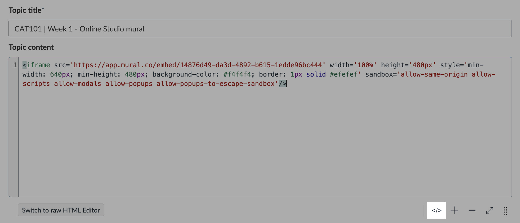 The HTML Editor button highlighted in the Rich Content Editor.