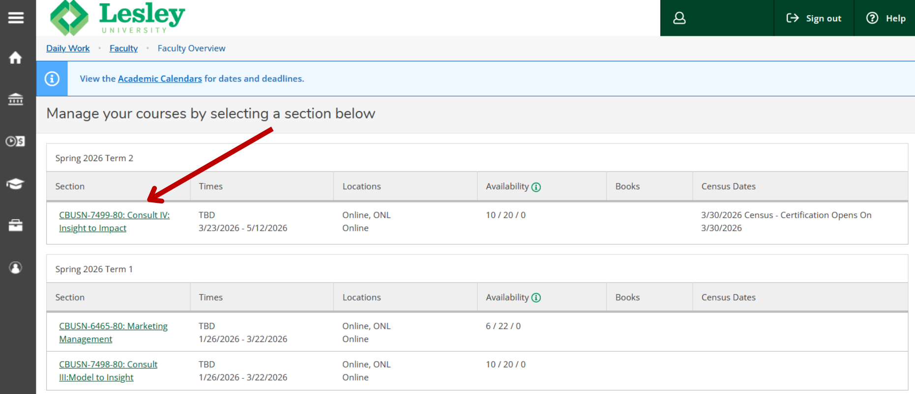 Faculty Overview page showing course sections grouped by term. A red arrow points to a section link in the section list.