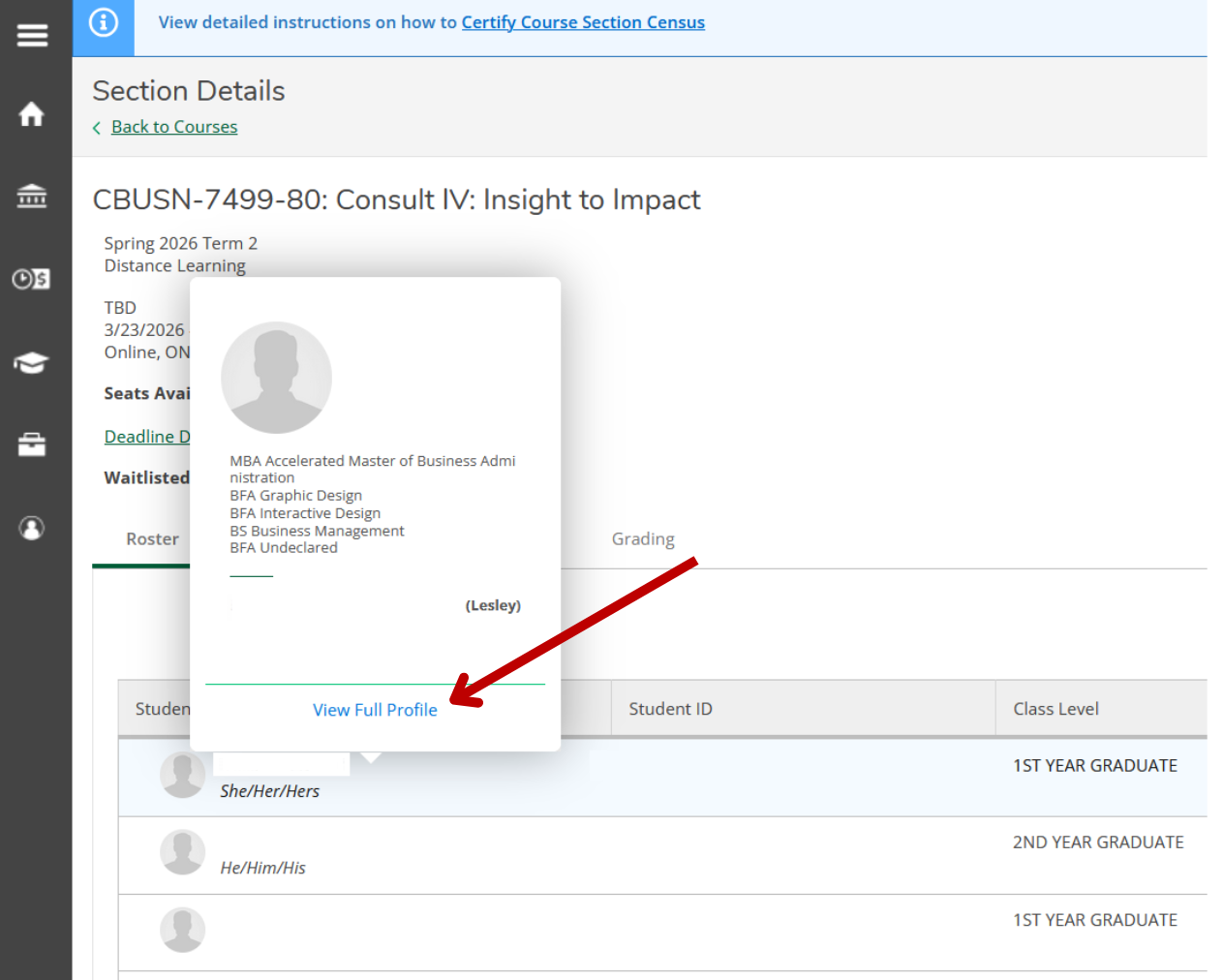 Section Details page showing the student roster. A pop-up card is visible for a student, displaying their academic programs and a View Full Profile link, with a red arrow pointing to the link.