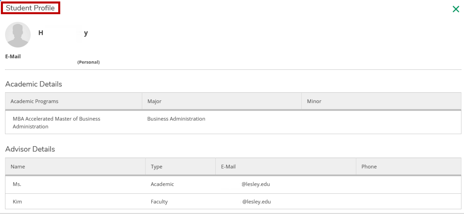 Student Profile window with the Student Profile heading highlighted in red. The window displays the student's email address, Academic Details table, and Advisor Details table listing advisor names, types, and email addresses.
