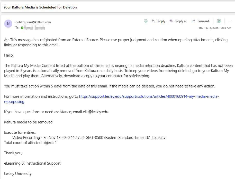 This sample email was sent from "notifications@kaltura.com" with the title "Your Kaltura Media is Scheduled for Deletion." The email lists the media scheduled to be deleted and the action steps needed.