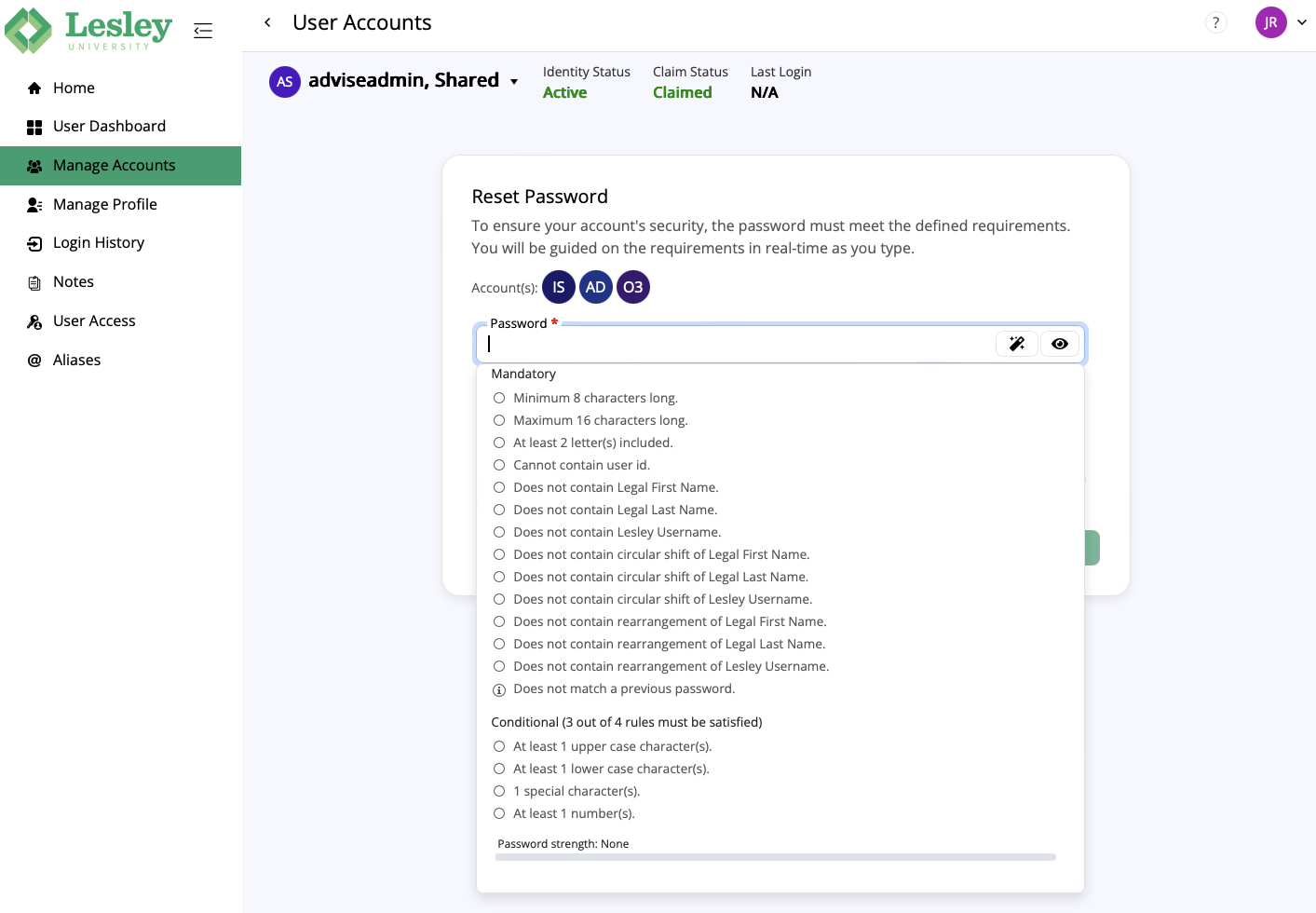 Screenshot of resetting password section