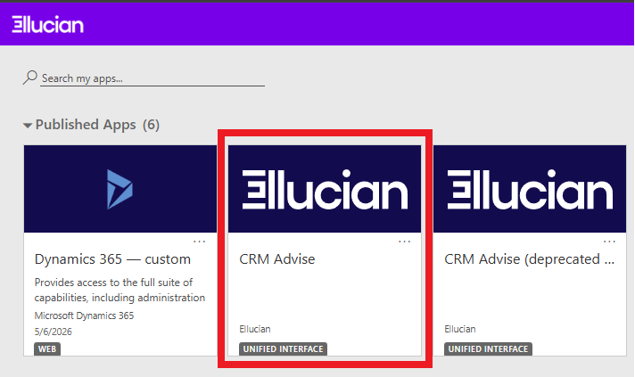 Three tiles with Ellucian CRM Advise tile outlined in red.