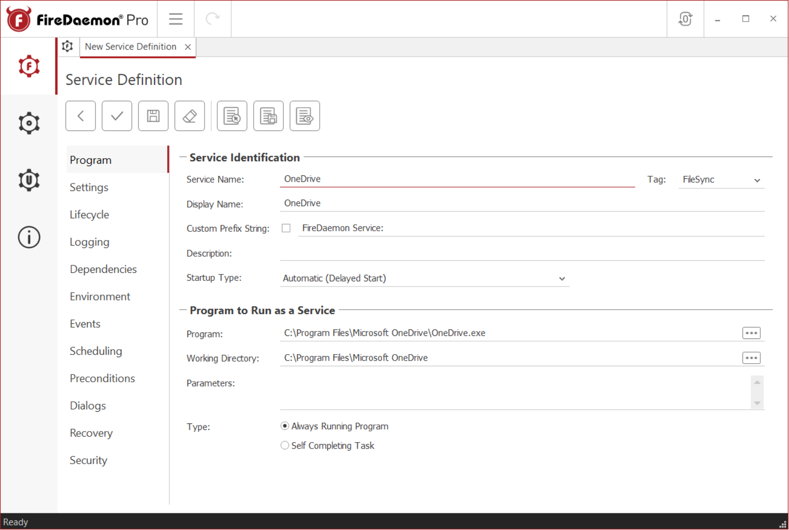 FireDaemon Pro OneDrive Program tab