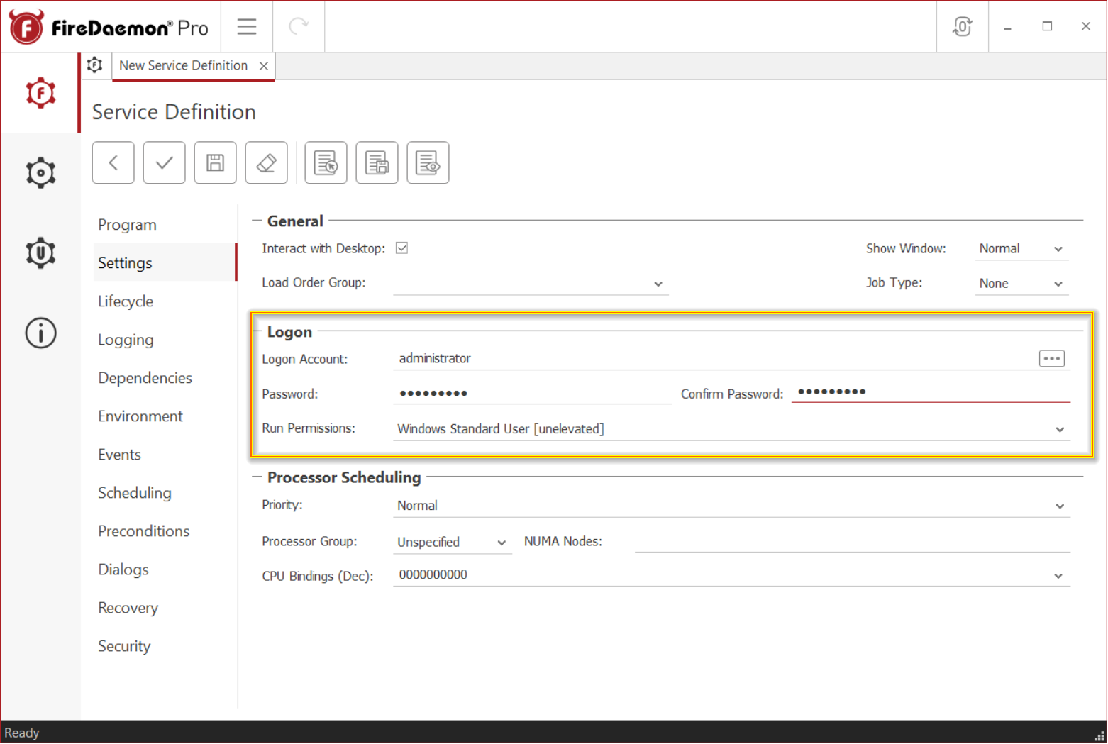 FireDaemon Pro OneDrive Settings tab