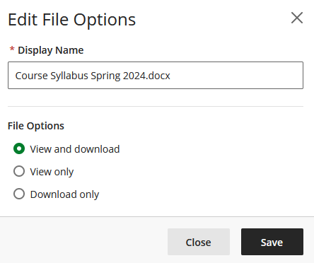In the file options, you may edit the document display name and choose if students can view and download, view only, or download only.