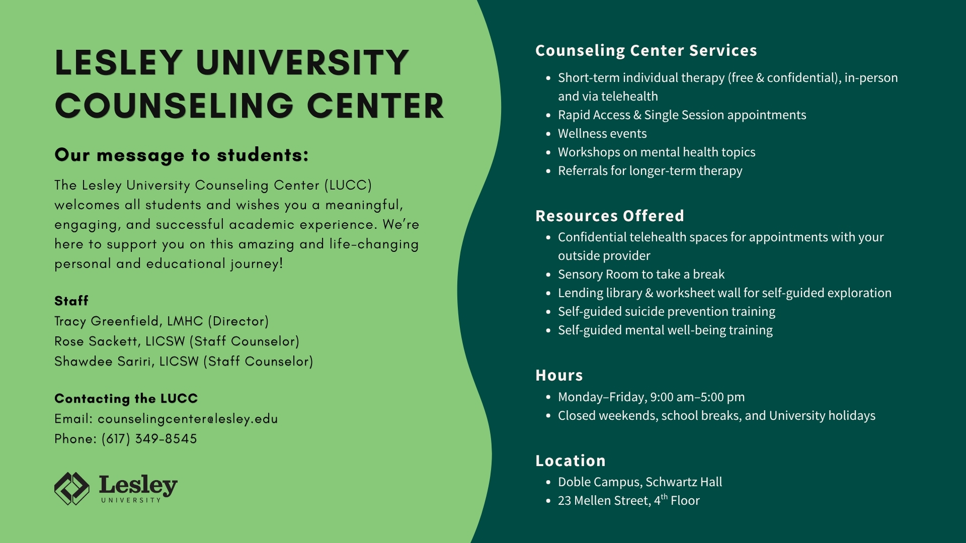 Infographic detailing the Lesley University Counseling Center's services, resources, staff, and contact information for Fall 2026.