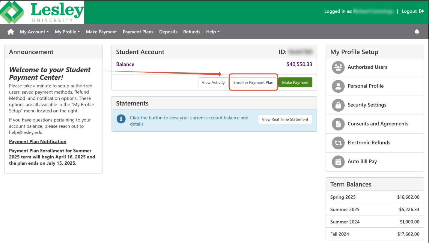 Lesley University student payment portal showing a user interface for a student's account. The page displays the student's balance, with navigation options for payments, profiles, and account management. The left panel contains an announcement about the Student Payment Center with instructions for setup and a payment plan notification for the upcoming semester. The right panel shows My Profile Setup options including security settings and a Term Balances section displaying charges for several recent terms. The "Enroll in Payment Plan" button is circled in red with a red arrow pointing to it.