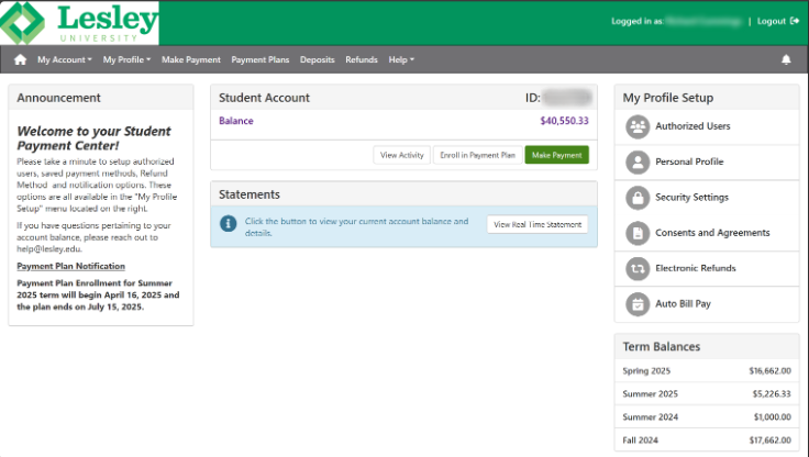 Student Account Center home screen with the account balance, statements, My Profile Setup links, and term balances.