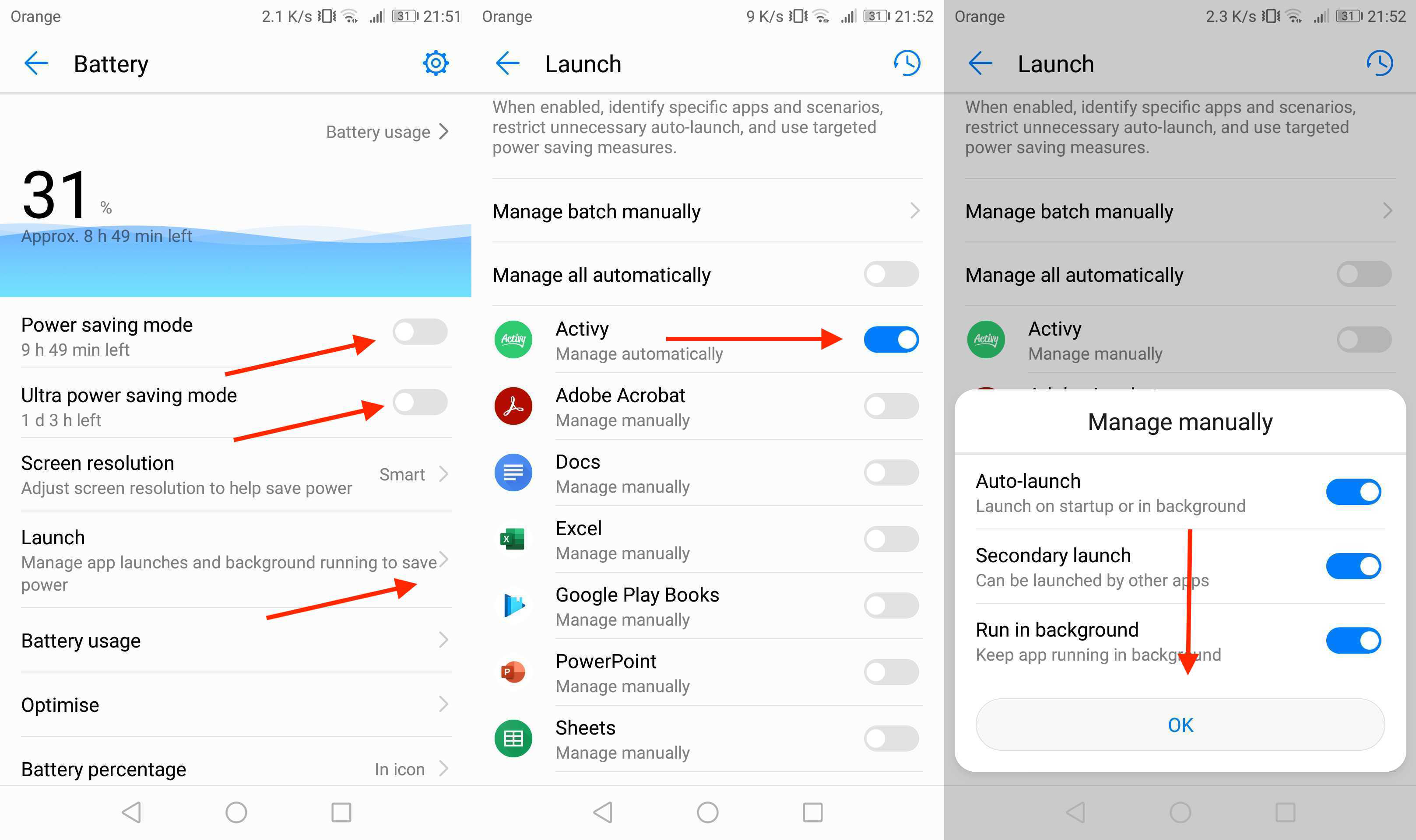 Change battery saving settings Activy Support