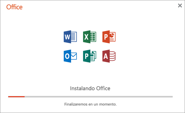Muestra el cuadro de diálogo de progreso que aparece cuando se instala Office