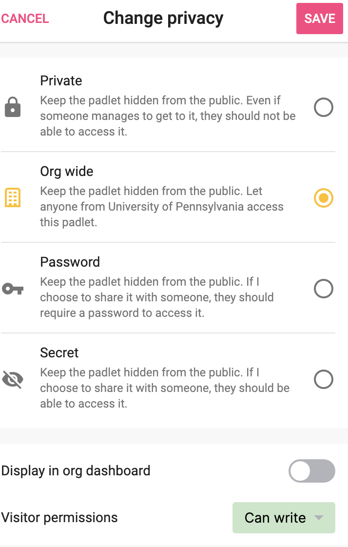 “Privacy" settings in Padlet with "Org wide" enabled, "Display in org dashboard" toggled off, and "Can write" selected for "Visitor permissions."