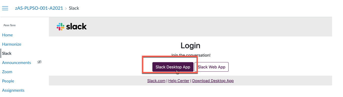 Slack login screen in canvas with slack desktop app selected