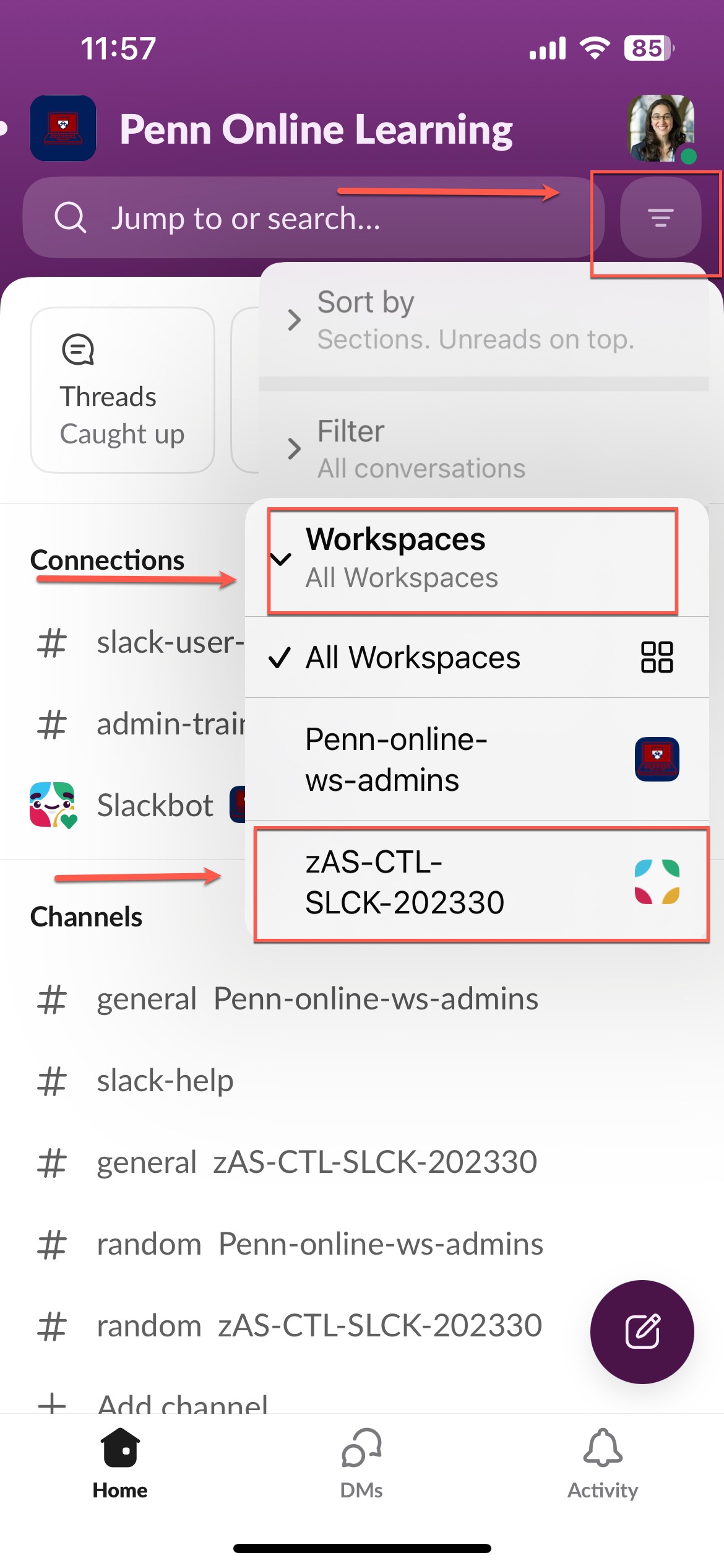 Example of how to select a course workspace from the "Workspaces" menu in the Slack mobile app.