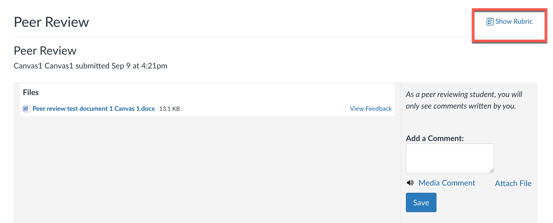 Click the "Show Rubric" button to open the peer-review rubric