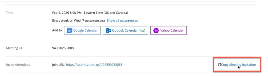 Example of the "Copy Meeting Invitation" link in Zoom