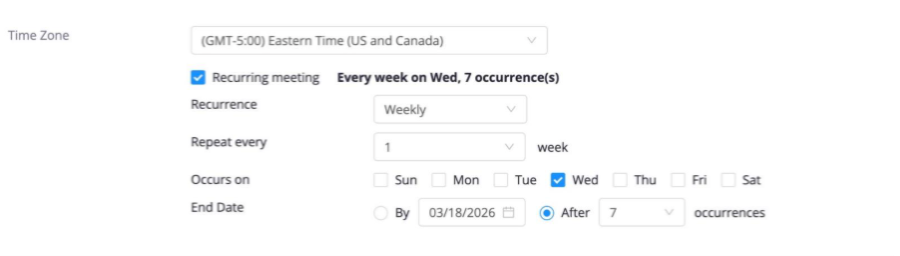 Example of the "Recurring" meeting setting in Zoom