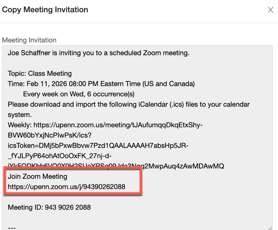 Example of where to find the "Join Zoom Meeting" link