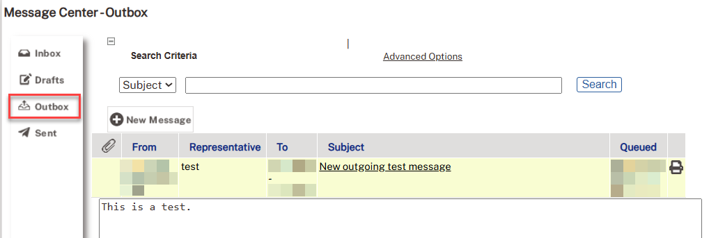Example image of the Message Center - Outbox