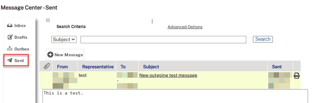 Example image of the Message Center - Sent