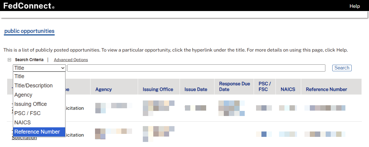 Example image of Public Opportunities search page with filter dropdown menu