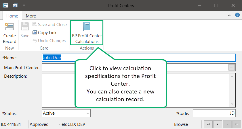 Profit Center card - view related calculation specifications