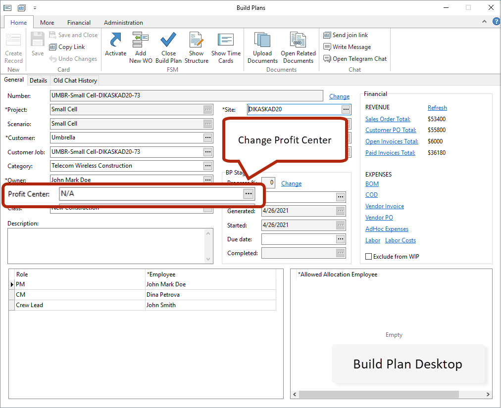 Build Plan desktop card - change Profit Center