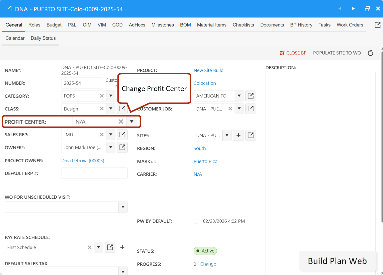 Build Plan web card - change Profit Center
