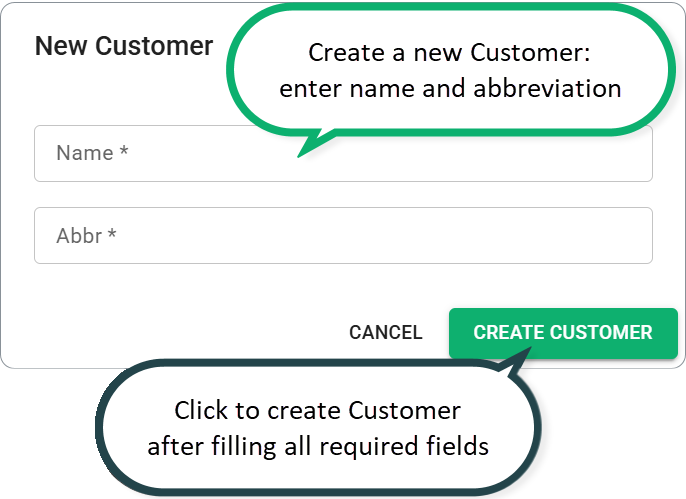 Create a new Customer: enter name and abbreviation