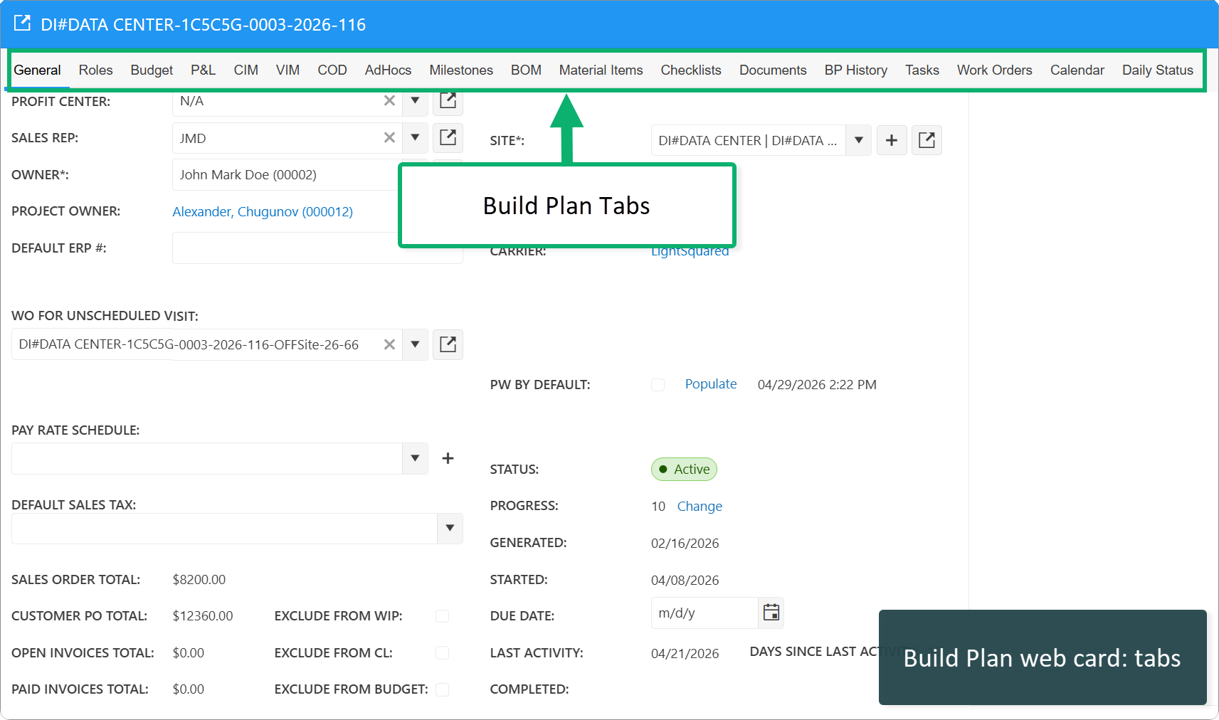 build Plan web card: tabs