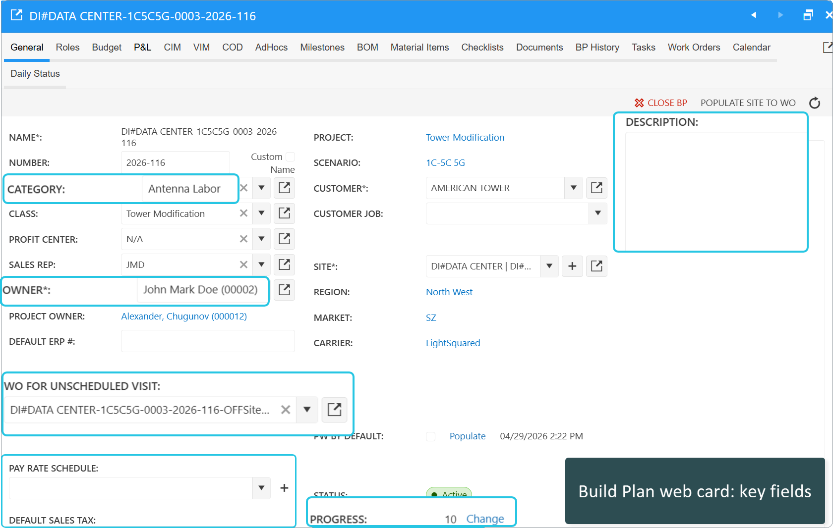 Build Plan web card: change category, owner, WO unsched. visit, pay rate schedule, sales tax, description 