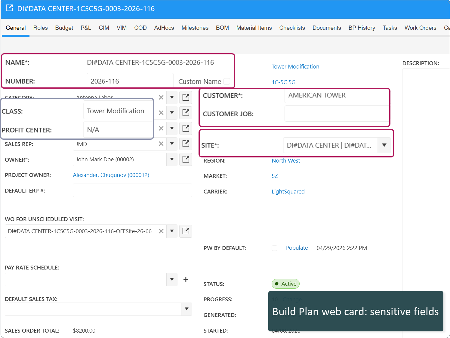 Build Plan web card: sensitive fields update (customer, customer job, site, profit center, class)
