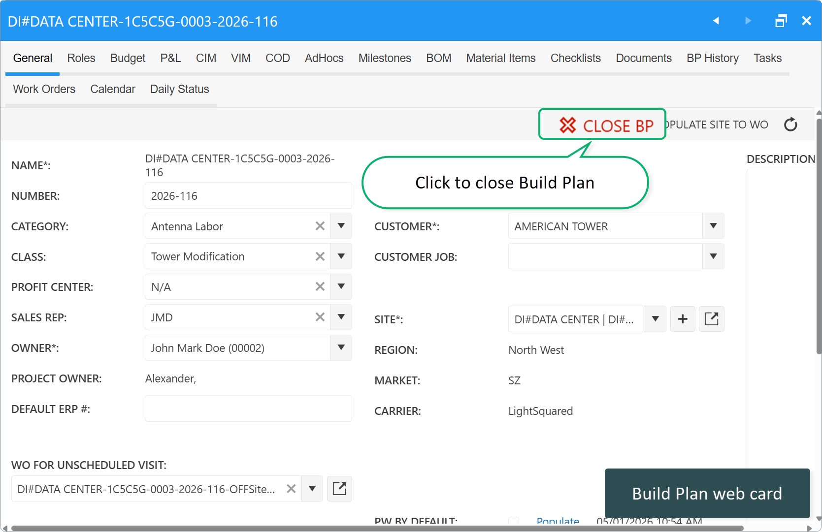 Build Plan web card: close