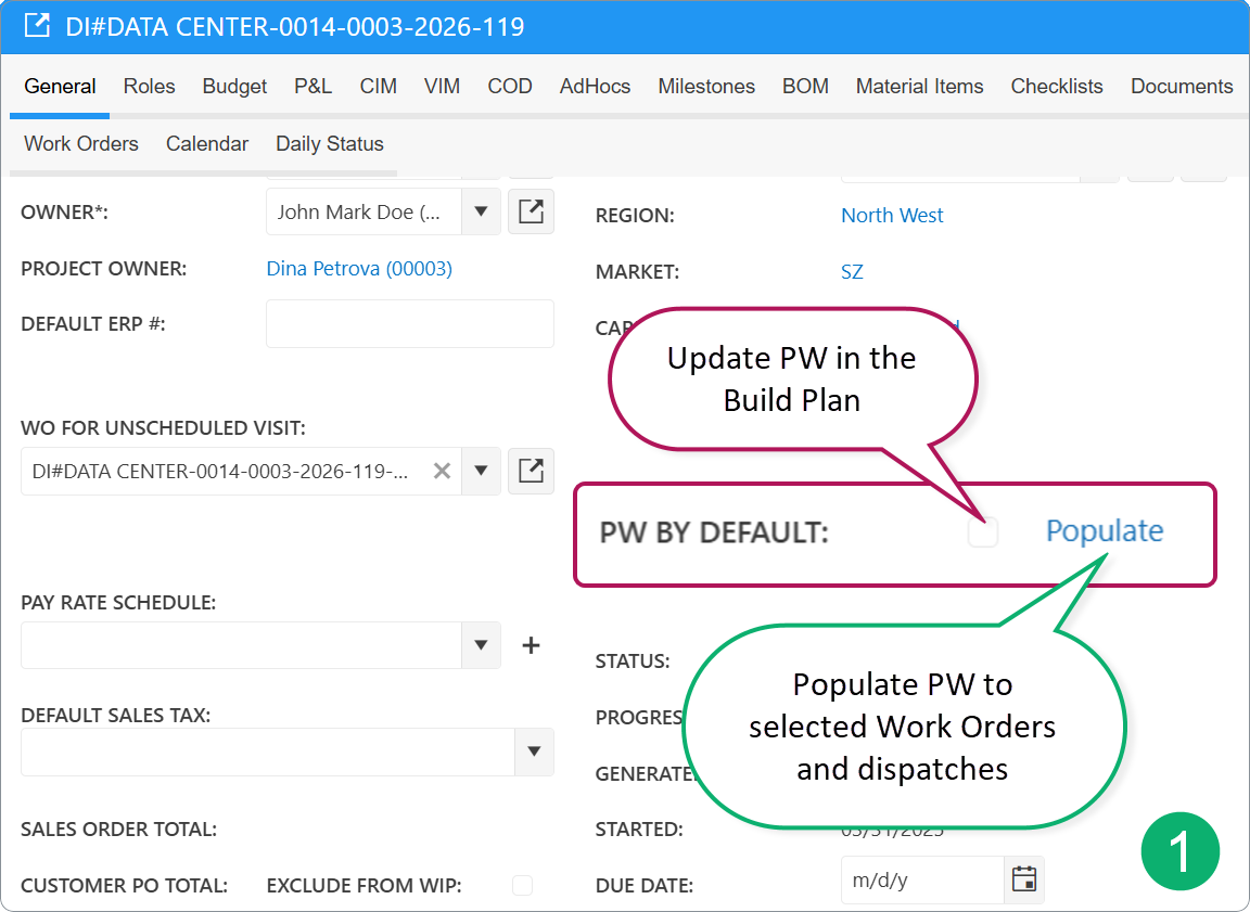 Build Plan web card: enable PW and populate to Work Orders