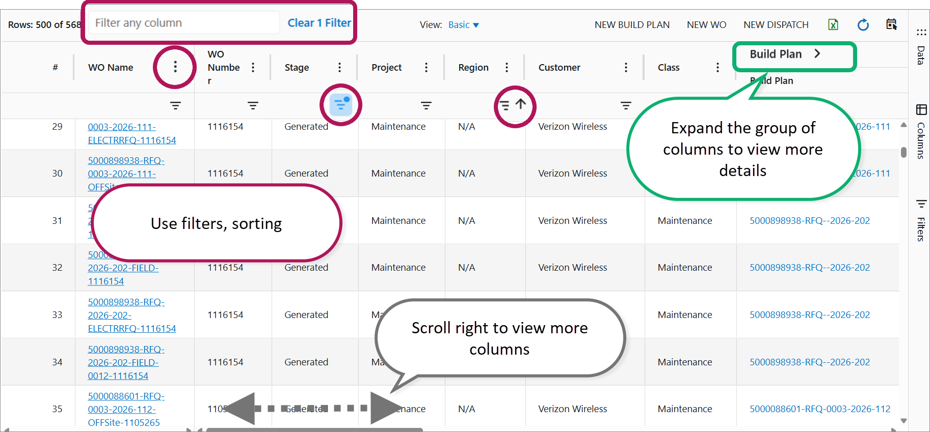 Filter Work Orders by Planned dates, Site, Category, WO Type, WO Hours, or other relevant criteria to focus on the most pertinent data