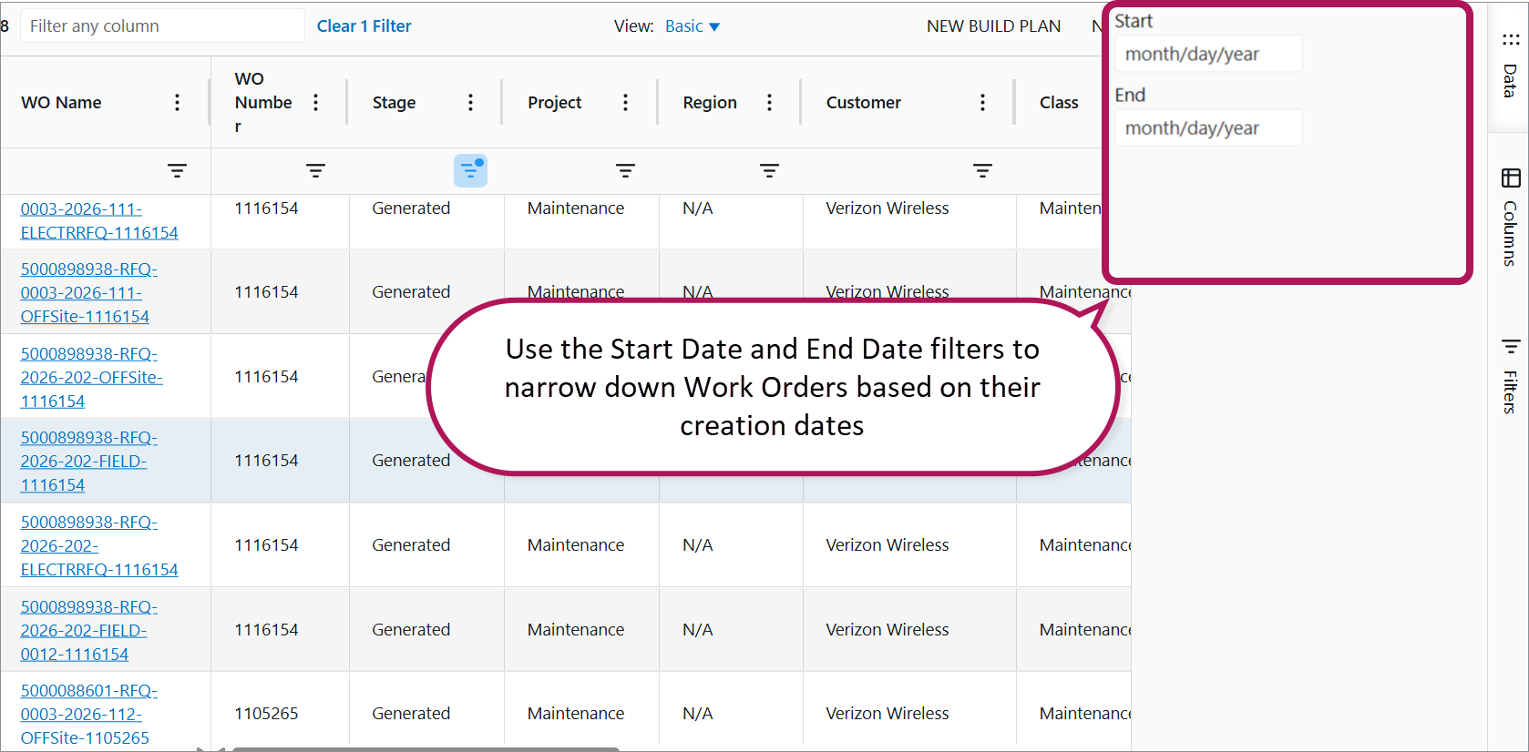 Use the Start Date and End Date filters to narrow down Work Orders based on their creation dates