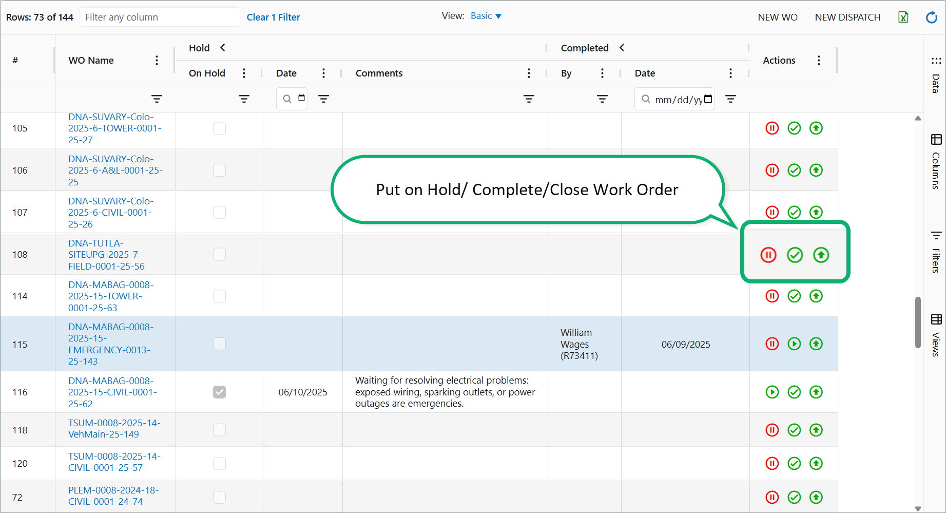 Put on Hold/ Complete/Close Work Order