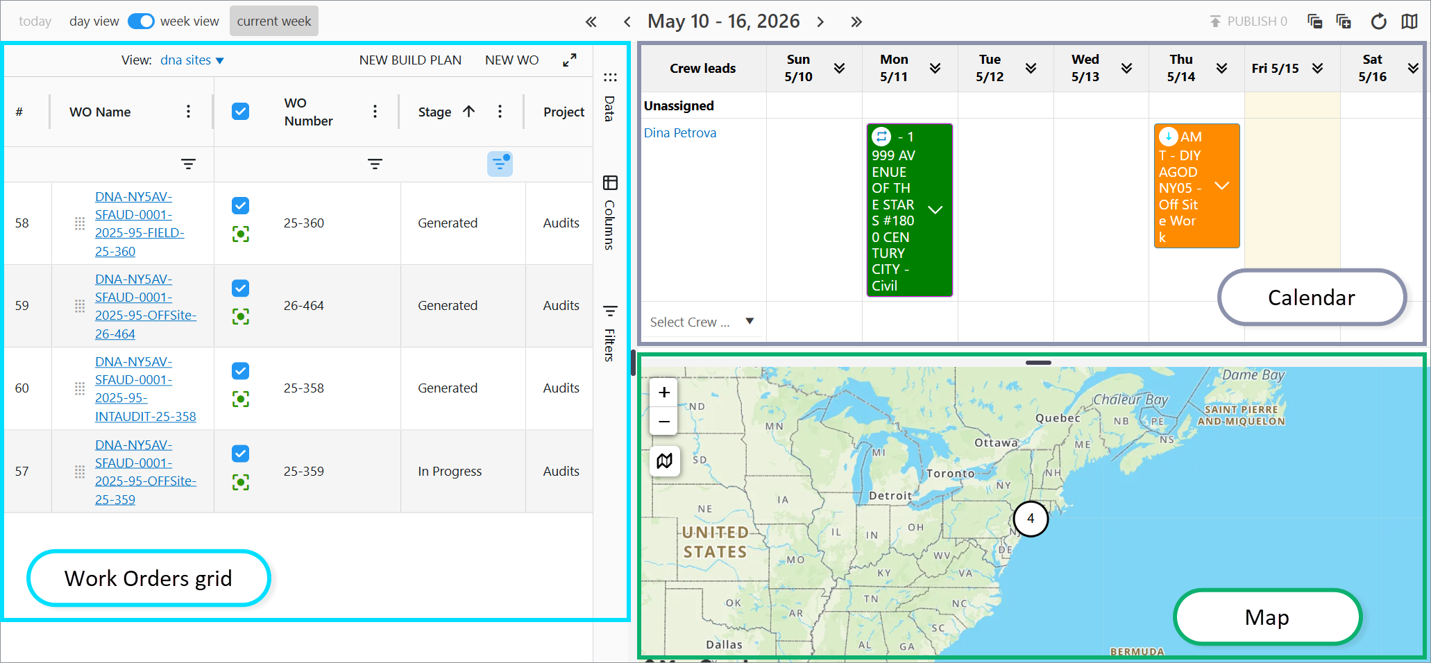 Work Orders Scheduler Dashboard: Grid, Calendar, and Map