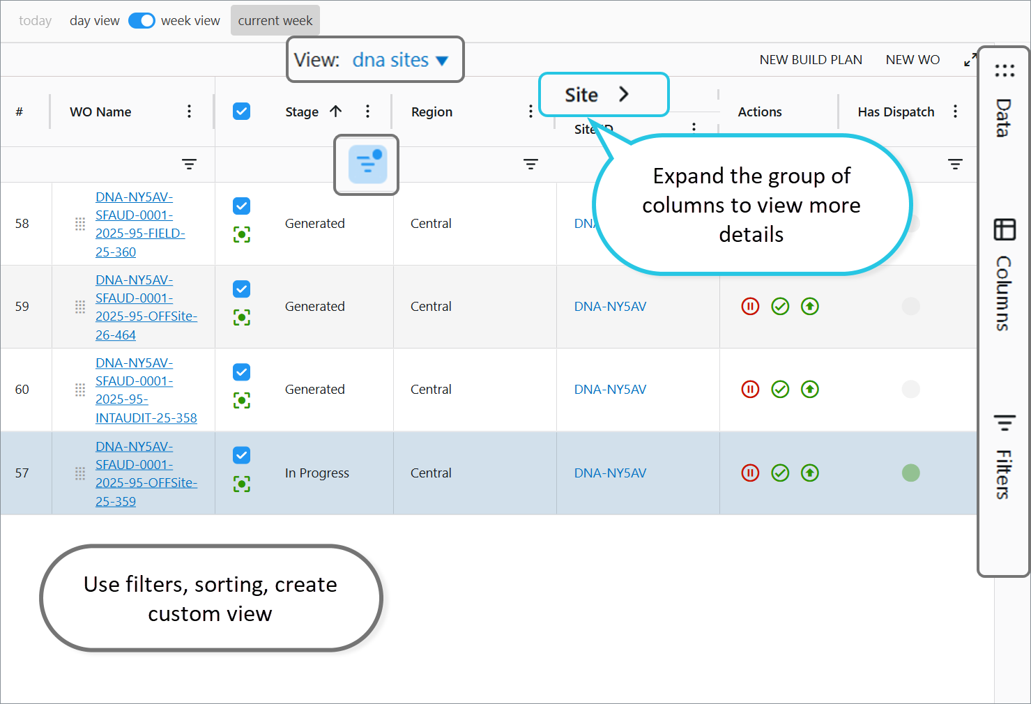 Work Orders grid; use filters, sorting, create custom views