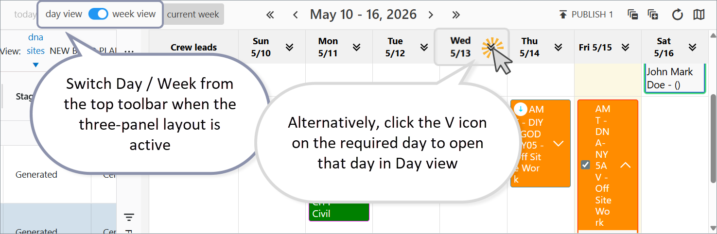 Day vs week layout of calendar and map