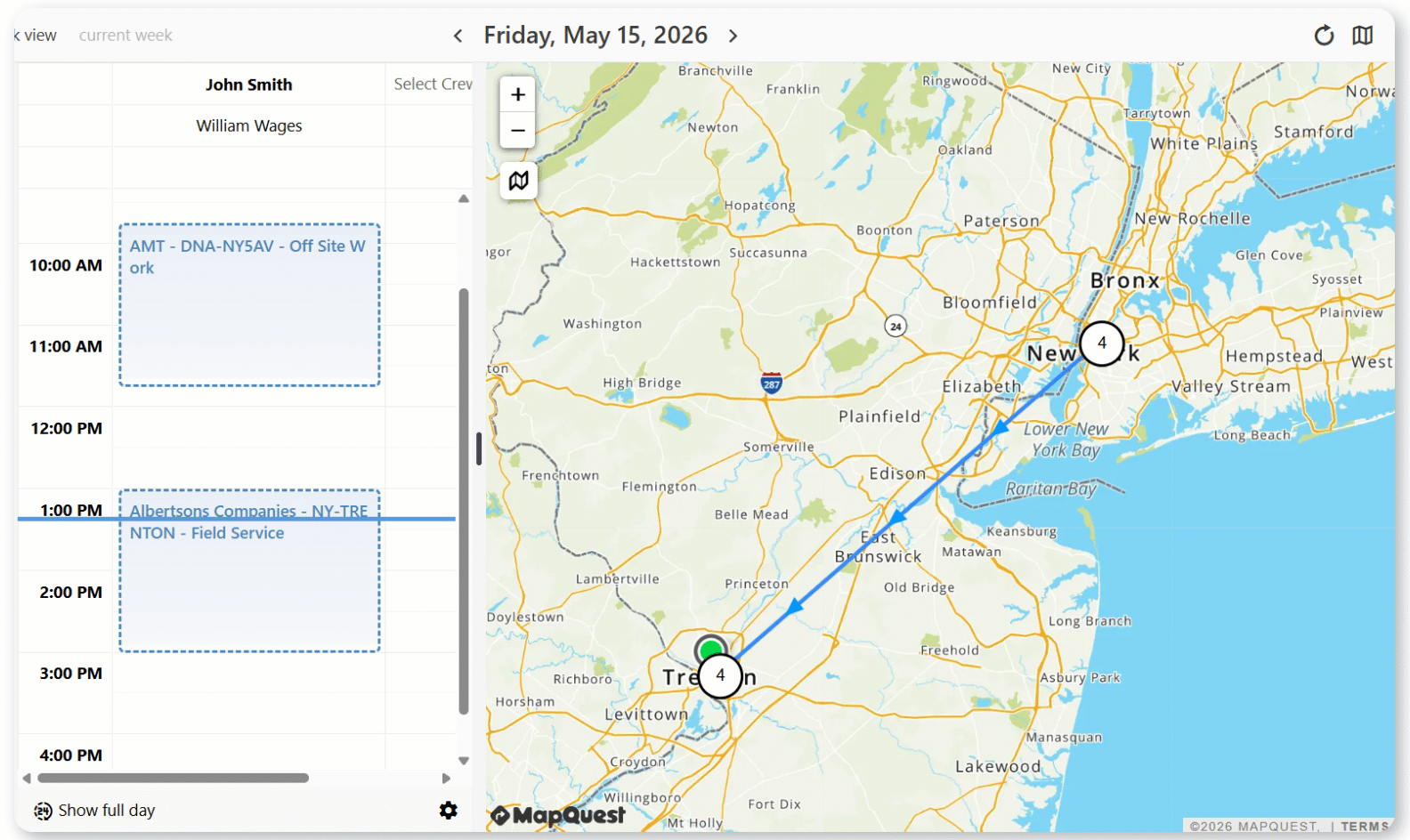 Cew Lead planned route on map. Work Orders on map