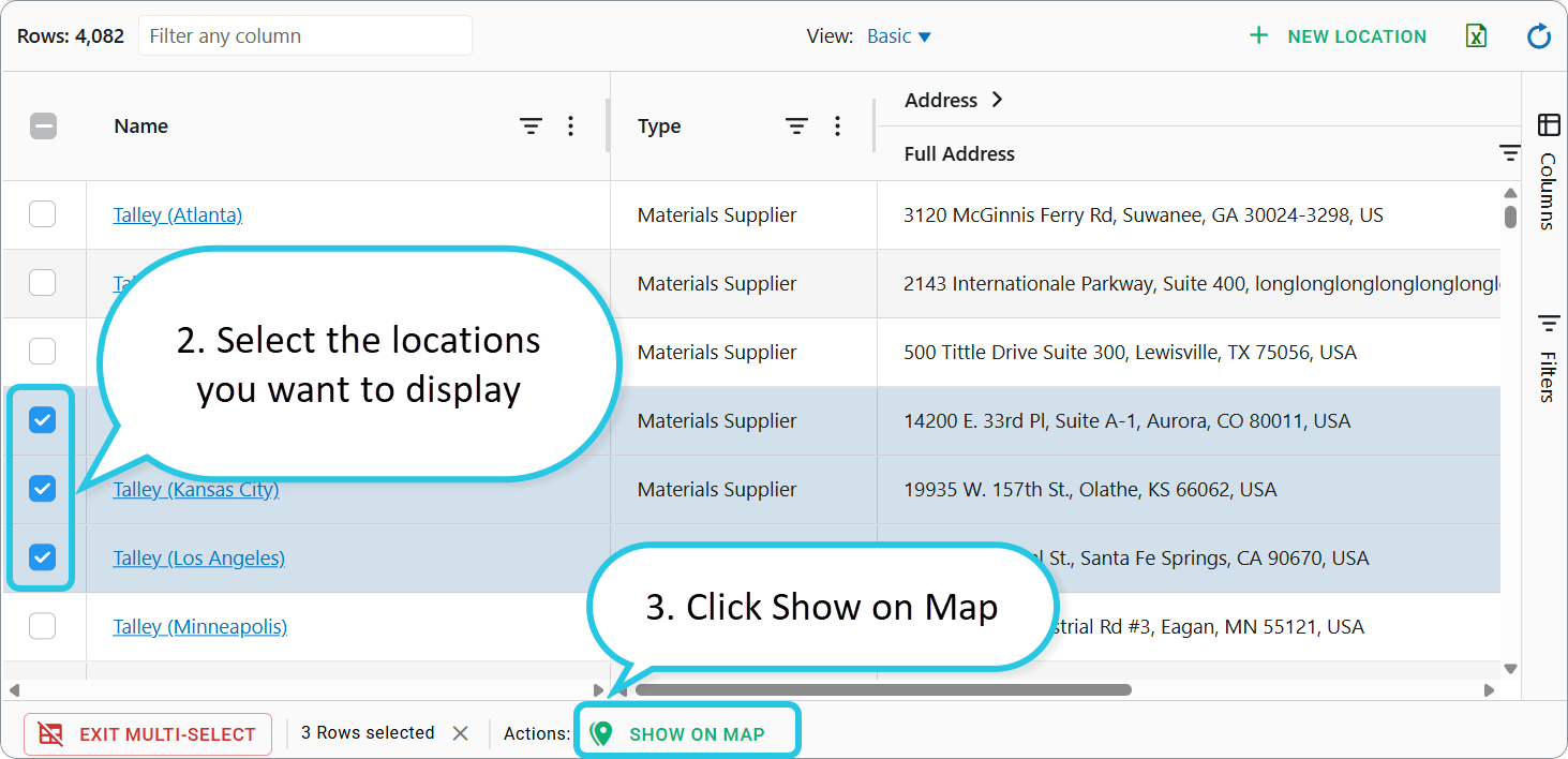 Select the locations you want to display. Click Show on Map