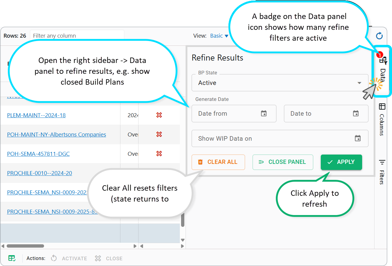 Build Plans dashboard: refine results, e.g. show closed Build Plans