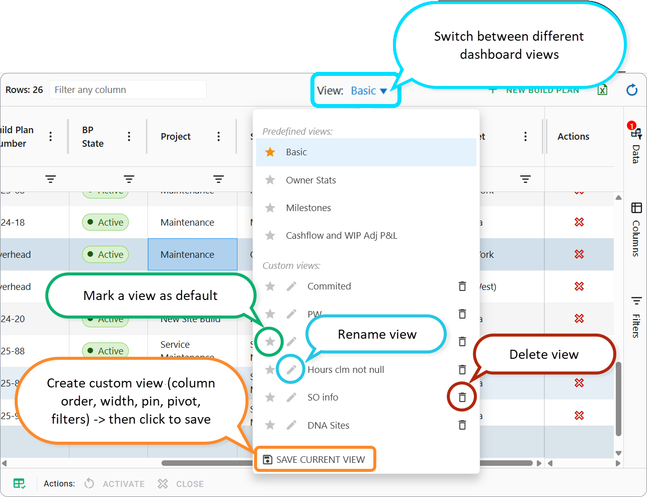 Build Plans dashboard: views