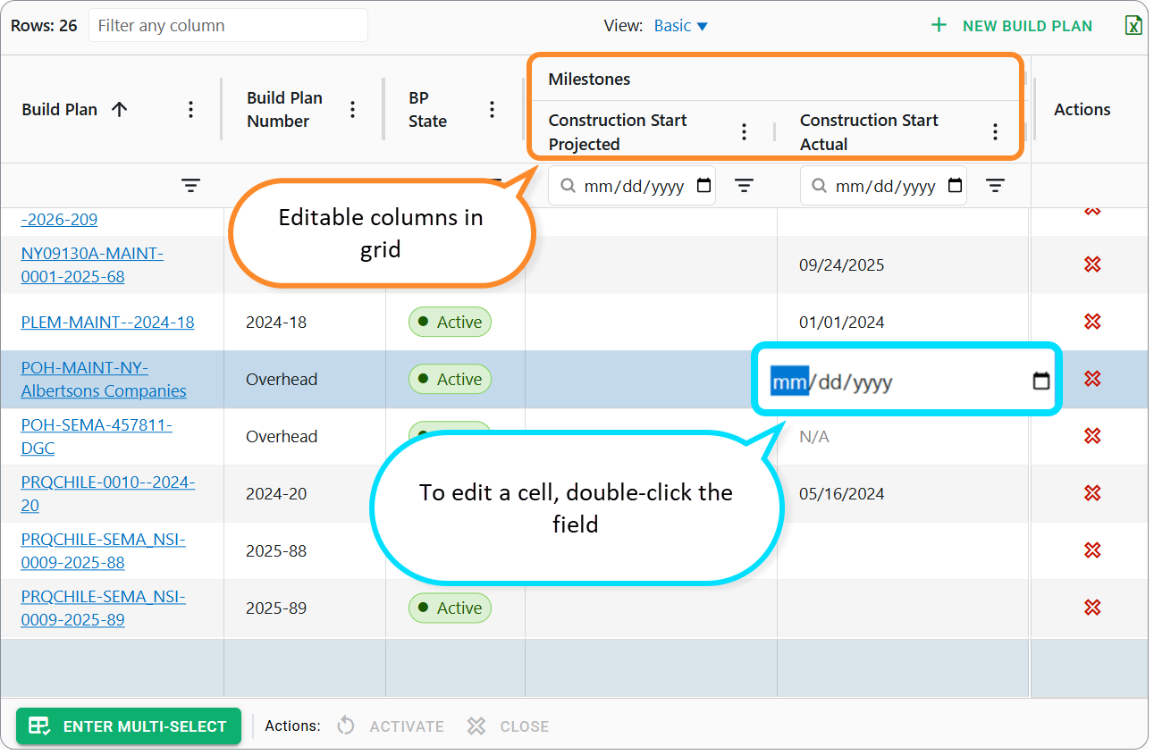 Build Plans dashboard: Editing milestones in the grid