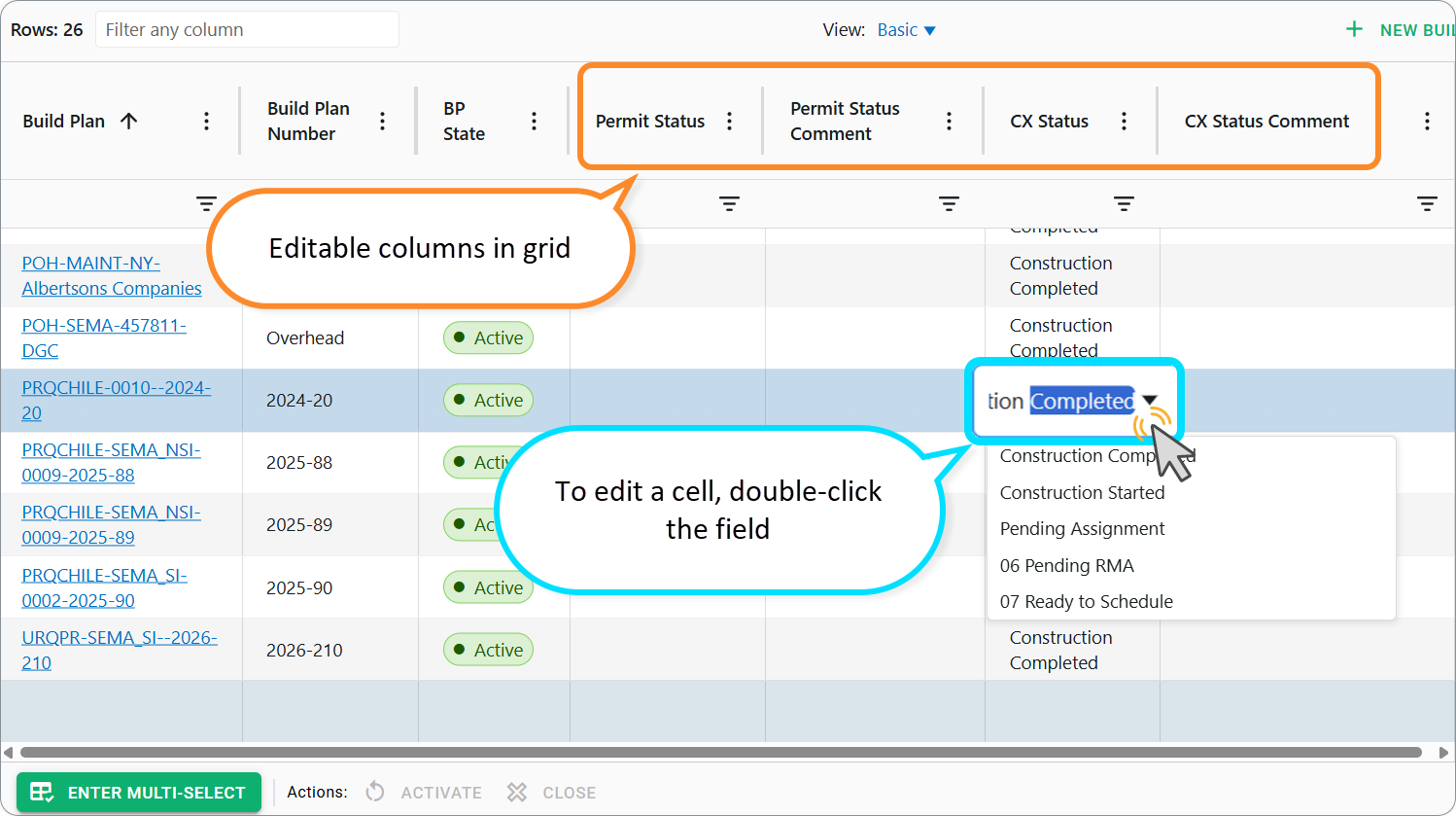 Build Plans dashboard: Editing statuses in the grid