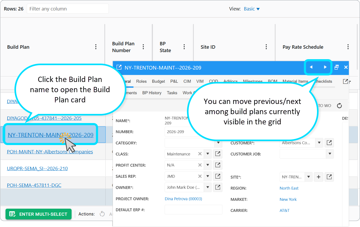 Build Plans dashboard: Click the Build Plan name to open the Build Plan card. You can move previous/next among build plans currently visible in the grid.