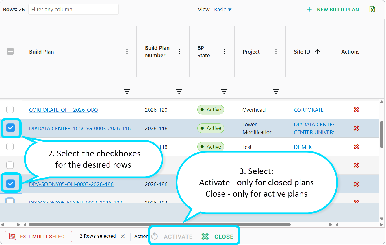 Build Plans dashboard: Select Build Plans to close/activate