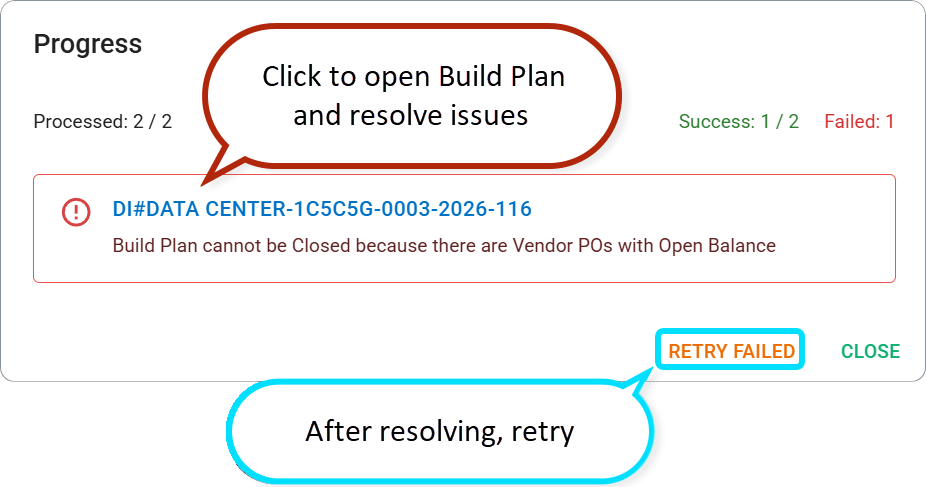 Build Plans closing/activating progress